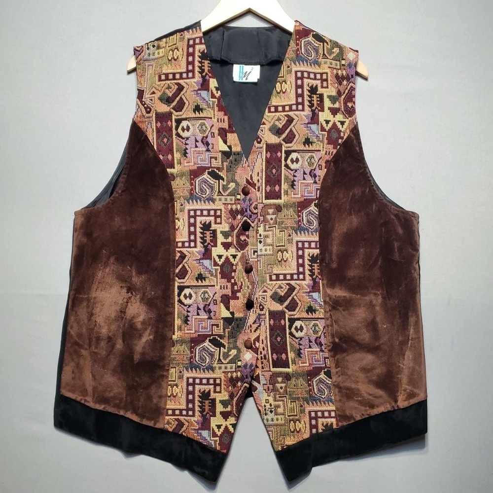 VTG‎ HM2 Tapestry Velvet Boho Vest Womens 1X Brown Whimsigoth Indie Festival 90s